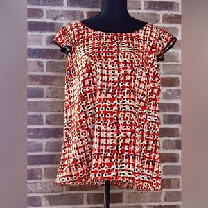 Ann Taylor Red Patterned flutter cap sleeve  Top with Black Trim